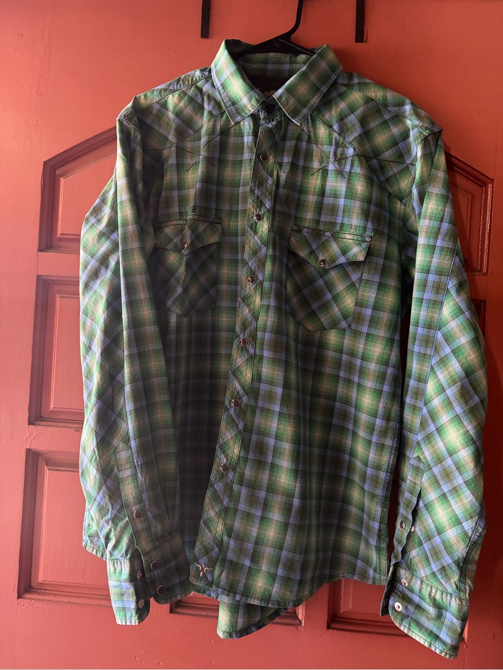 Wrangler Green and Blue Plaid Long-Sleeve Western Shirt
